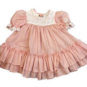 Bryan Ruffle Circle Dress Girls 3T Pink White Check Puffed Sleeves Vintage USA